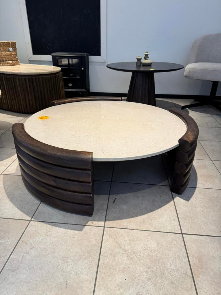 Salontafel Japandi travertin hout 90x30 cm, Huis en Inrichting, Tafels | Salontafels, Zo goed als nieuw, Minder dan 50 cm, 50 tot 100 cm