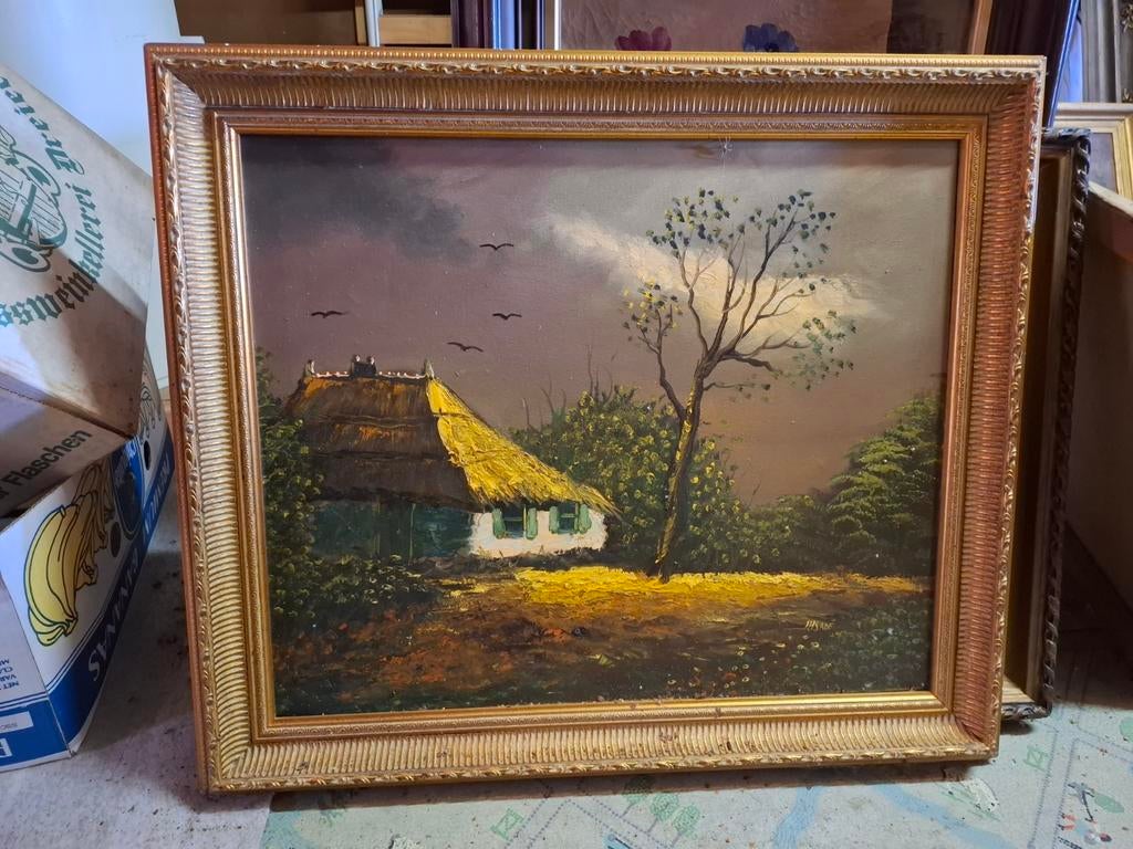Schilderij met huisje en boom, Antiek en Kunst, Kunst | Schilderijen | Klassiek, Ophalen