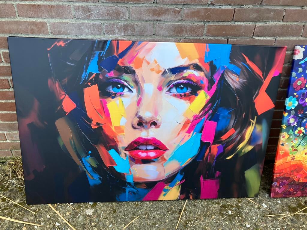 Canvas 120 x 80 kleurrijk mooie kleuren vrouw, Ophalen, Zo goed als nieuw, Schilderij, 75 cm of meer