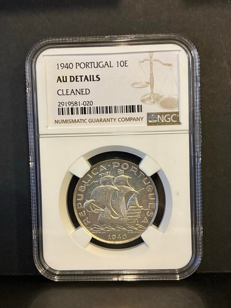 1940 Portugal 10 Escudos NGC AU Details - Gereinigd, Ophalen of Verzenden, Midden-Oosten, Losse munt, Zilver
