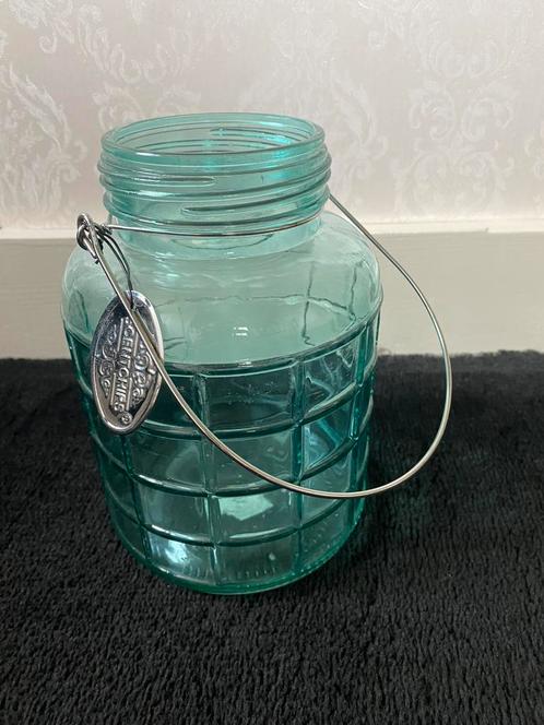 Mooi turquoise windlicht 21 cm hoog, Huis en Inrichting, Woonaccessoires | Kandelaars en Kaarsen, Gebruikt, Kandelaar, Minder dan 25 cm