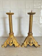 Set antieke vergulde messing kerkkandelaars 47 cm hoog, Antiek en Kunst, Antiek | Kandelaars, Ophalen of Verzenden, Koper of Brons