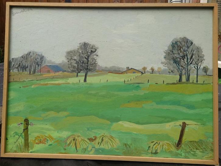 Landschap met boerderijen 1982 gesigneerd Heuvel?, Antiek en Kunst, Kunst | Schilderijen | Klassiek, Ophalen of Verzenden