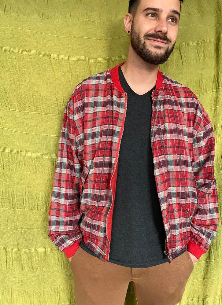 Vintage rood jasje - unisex - geruit - S/M, Kleding | Heren, Jassen | Zomer, Gedragen, Rood, Ophalen of Verzenden