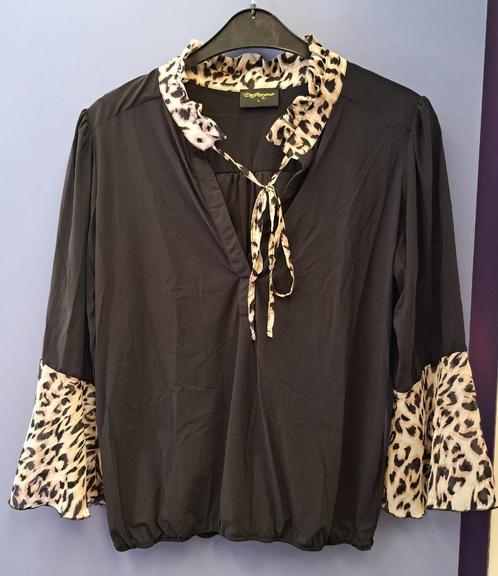 DeJacque travelstof top zwart + panterprint mt L artnr 48725, Kleding | Dames, Tops, Zo goed als nieuw, Maat 42/44 (L), Zwart