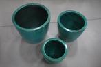 Hippe metalen bloempotten gehamerd blauw / groen 3 maten, 25 tot 40 cm, Rond, Ophalen of Verzenden, Minder dan 40 cm