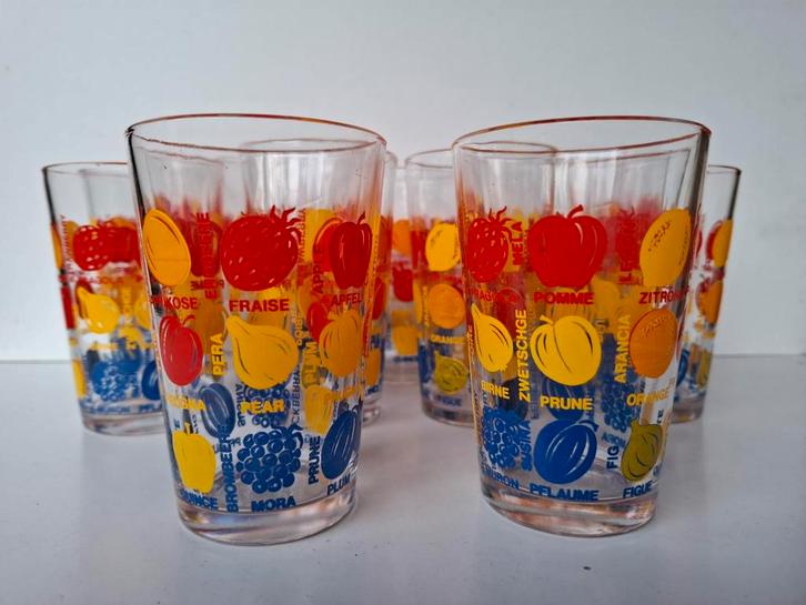 VINTAGE, RETRO, ITALIAANSE LIMONADEGLAZEN, FRUITMOTIEF, Verzamelen, Glas en Borrelglaasjes, Zo goed als nieuw, Overige typen, Ophalen of Verzenden