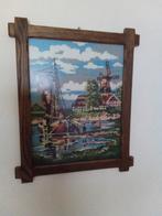 Geborduurde schilderij in eikenhouten lijst. Zeilboot, molen, Minder dan 50 cm, Schilderij, Gebruikt, 50 tot 75 cm