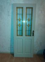 Hard houten stompe deur met glas in lood., Doe-het-zelf en Verbouw, Deuren en Horren, Gebruikt, Minder dan 80 cm, Binnendeur, Ophalen of Verzenden