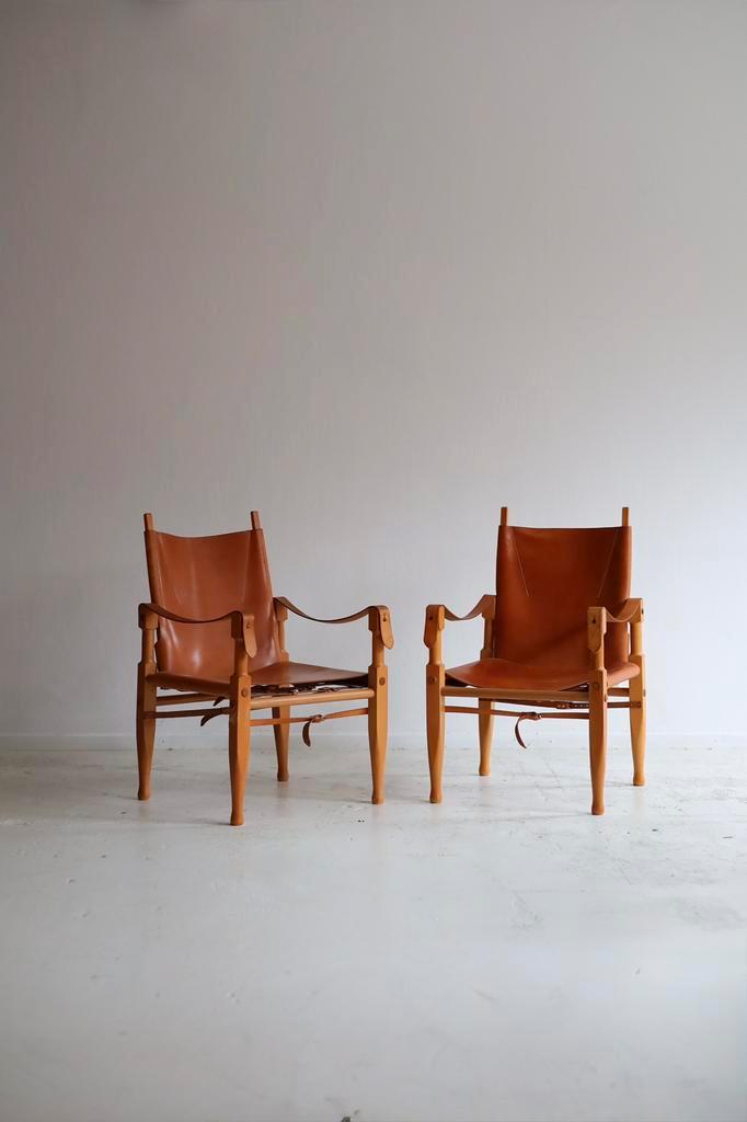 Set van 2 Safari chairs Wilhelm Kienzle, Huis en Inrichting, Stoelen, Gebruikt, Twee, Hout, Leer, Bruin, Ophalen