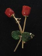 vintage SWOBODA Broche ~ KORAAL roosjes JADE blad ~ Verguld, Overige materialen, Minder dan 4 cm, Ophalen of Verzenden, Zo goed als nieuw