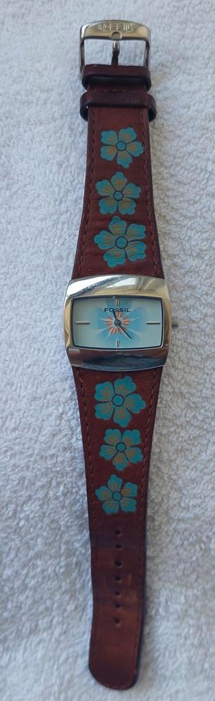 Vintage Dames horloge Fossil bruin/blauw, Sieraden, Tassen en Uiterlijk, Horloges | Antiek, Overige merken, Staal, 1960 of later