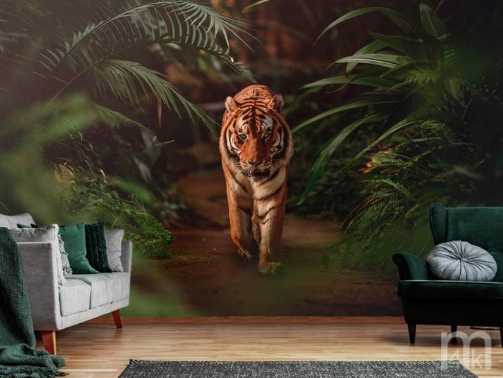 Tijger in de Jungle behang, ook op maat, Muurdeco4kids, Huis en Inrichting, Stoffering | Behang, minder dan 10 m², Verzenden