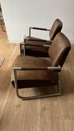 2 Bruine design leren fauteuils, izgs, met ronde rvs frame, Ophalen, Zo goed als nieuw, 50 tot 75 cm, Leer