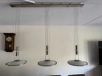 Hanglamp rvs met glazen discus in hoogte verstelbaar, Huis en Inrichting, Ophalen, Gebruikt, 75 cm of meer