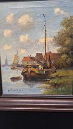 Schilderij van H. Sanders - Riviergezicht met boten, Antiek en Kunst, Kunst | Schilderijen | Klassiek, Ophalen of Verzenden