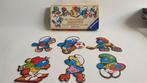 De Sportieve Smurfen, vintage houten puzzels in doos. 7B14, Kinderen en Baby's, Speelgoed | Kinderpuzzels, 10 tot 50 stukjes, Gebruikt