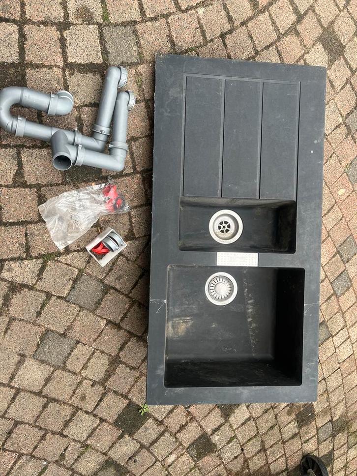 Dubbele spoelbak met afvoerset, Huis en Inrichting, Keuken | Keukenelementen, Gebruikt, Minder dan 100 cm, 50 tot 100 cm, 25 tot 50 cm