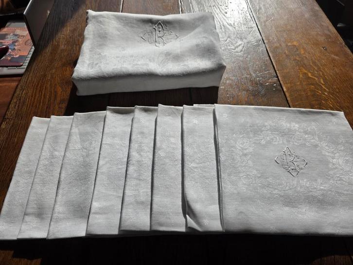 Antiek damasten tafelkleed met 8 servetten, Antiek en Kunst, Curiosa en Brocante, Ophalen of Verzenden
