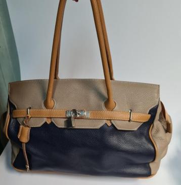 Leren tas, blauw / Beige, Italy  **NIEUW**