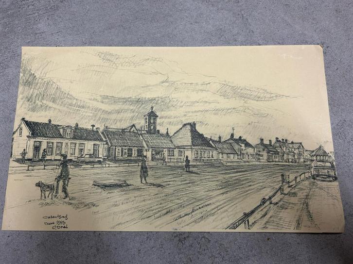 C.J. Dral Schets van een straat in Callantsoog, 1973, Antiek en Kunst, Kunst | Tekeningen en Foto's, Ophalen of Verzenden