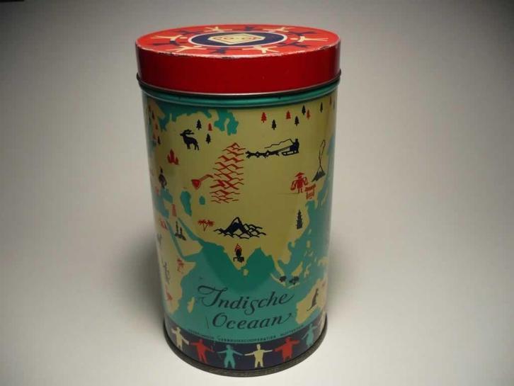 Blikken bus van Co-Op, wereldkaart afgebeeld., Verzamelen, Blikken, Zo goed als nieuw, Koek(jes), Ophalen of Verzenden