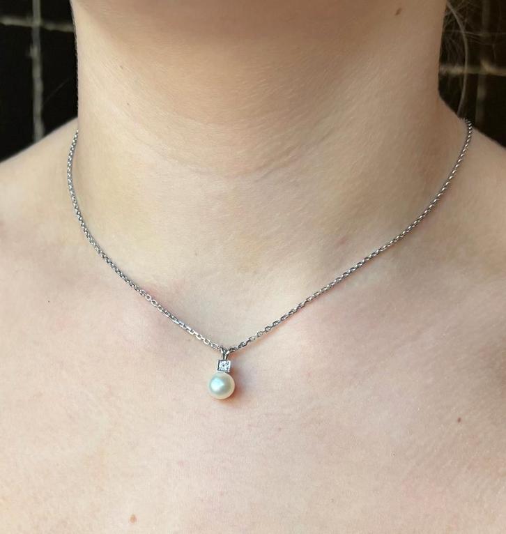 Diamant parel fraaie anker schakel ketting dames 14k goud, Sieraden, Tassen en Uiterlijk, Kettingen, Zo goed als nieuw, Goud, Goud