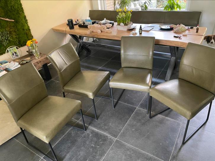 HE Design 4 leren eetkamerstoelen, kleur groen, Huis en Inrichting, Stoelen, Zo goed als nieuw, Vier, Leer, Overige kleuren, Ophalen
