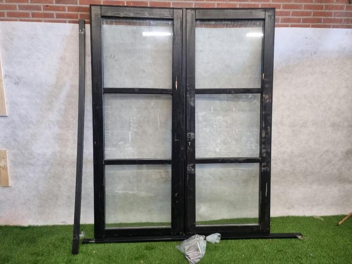 Dubbele zwarte vurenhouten deur dubbel glas, met hang- en sl, Doe-het-zelf en Verbouw, Deuren en Horren, Gebruikt, 215 cm of meer
