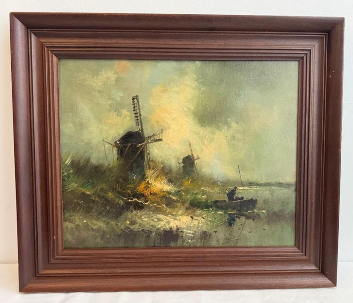 Schilderij olie op canvas Nederlands tafereel met molens, Antiek en Kunst, Kunst | Schilderijen | Klassiek, Ophalen of Verzenden