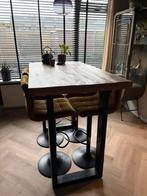bartafel / hoge eettafel set mangohout en staal 4 barkrukken, Huis en Inrichting, Ophalen, In hoogte verstelbaar, Zo goed als nieuw