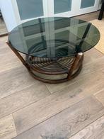 Vintage manou / rotan salontafel met rookglas, Ophalen, 50 tot 100 cm, Rond, 50 tot 100 cm