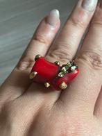 Zilveren zwart geoxideerde designring met koraal en peridoot, 18 tot 19, Zwart, Ophalen of Verzenden, Zo goed als nieuw