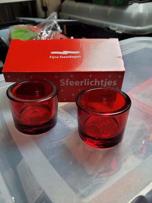 2 rode waxinelichthouders sfeerlichtjes postcodeloterij, Huis en Inrichting, Woonaccessoires | Kandelaars en Kaarsen, Zo goed als nieuw