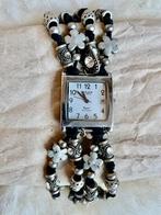 Unieke horloge armband, zwart en zilver met kralen, Overige merken, Leer, Staal, Polshorloge