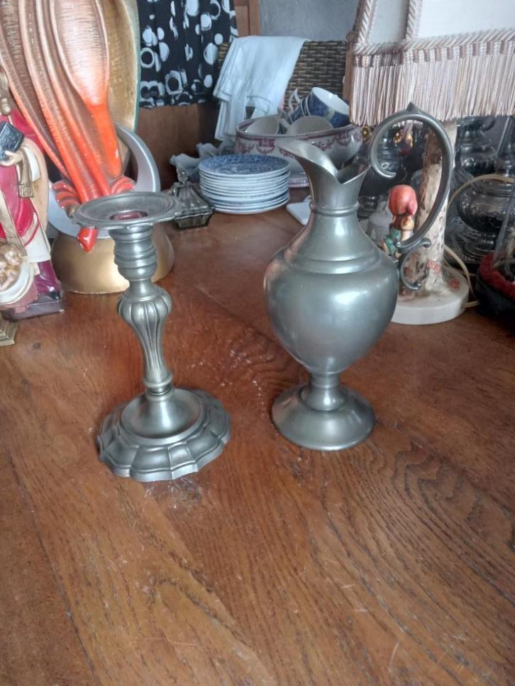 2 tinnen voorwerpen met stempel kandelaar+schenkkan, Antiek en Kunst, Antiek | Tin, Ophalen of Verzenden