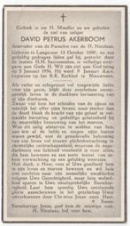 David P. Akerboom 1890 Langeraar + 1956 Nieuwveen, 65 jr, Verzenden, Bidprentje