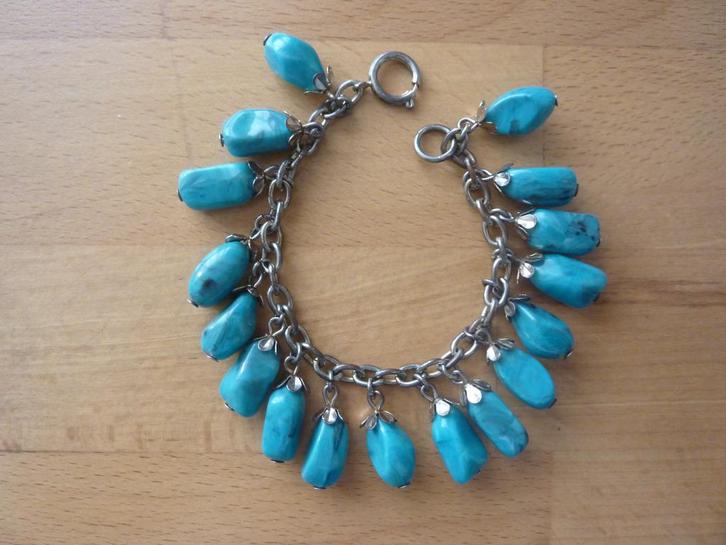 Armband turqoise steen 17x, afm. 19 cm lang, 3 cm hoog, Sieraden, Tassen en Uiterlijk, Armbanden, Zo goed als nieuw, Zilver, Blauw