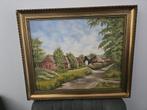 Schilderij landelijke boerderij in gouden brocante lijst., Ophalen of Verzenden