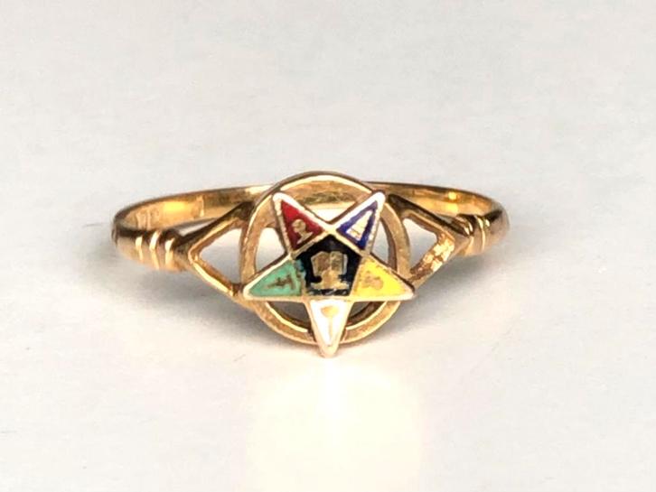Gouden vintage ring emaille vrijmetselarij maat 18 1/4, Sieraden, Tassen en Uiterlijk, Ringen, Gebruikt, Dame, 18 tot 19, Goud