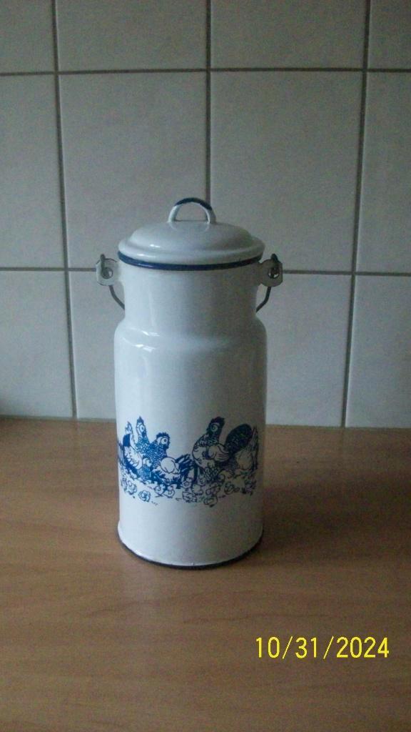 Emaille melkbus met kippenafbeelding, 2 liter, Antiek en Kunst, Antiek | Emaille, Ophalen of Verzenden