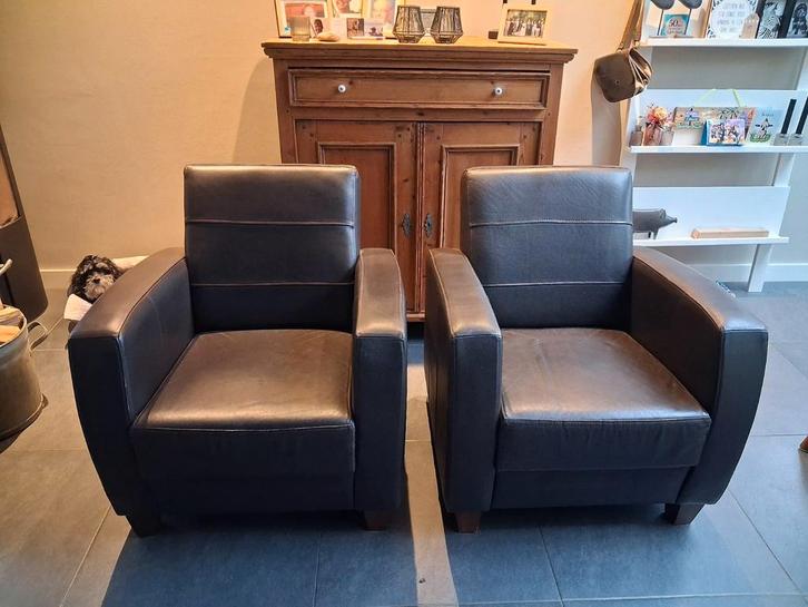 Te Koop twee lederen Fauteuils, Huis en Inrichting, Stoelen, Gebruikt, Twee, Hout, Leer, Bruin, Ophalen of Verzenden