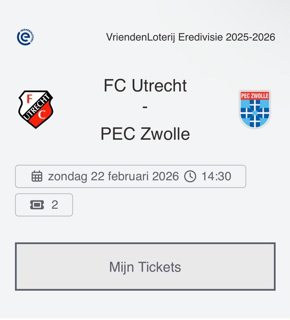 FC Utrecht - PEC Zwolle (2 kaarten beschikbaar), Twee personen