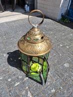 Lichte koperen windlicht met groen glas, Antiek en Kunst, Ophalen