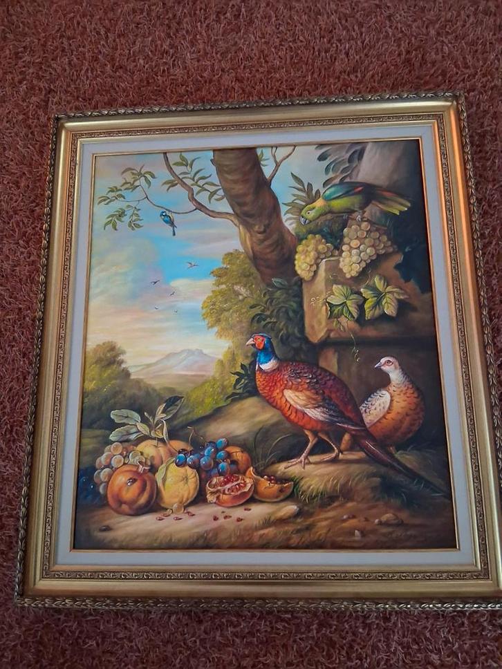 Kleurrijk schilderij met fazanten, Antiek en Kunst, Kunst | Schilderijen | Klassiek, Ophalen of Verzenden