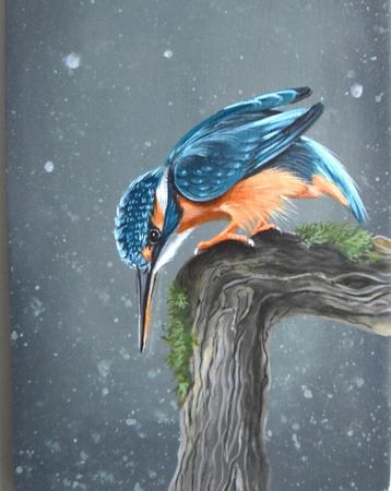 IJsvogel op de uitkijk, hand geschilderd op een mooi plankje beschikbaar voor biedingen