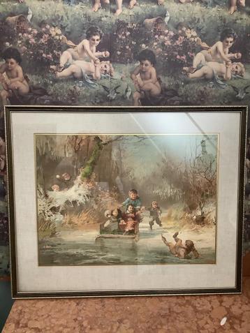 Antieke Litho…spelende kinderen op is…. beschikbaar voor biedingen