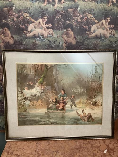 Antieke Litho…spelende kinderen op is…., Antiek en Kunst, Kunst | Litho's en Zeefdrukken, Ophalen