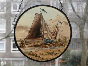 Oud gebrandschilderd zeilschip vlag raamhanger glas-in-lood