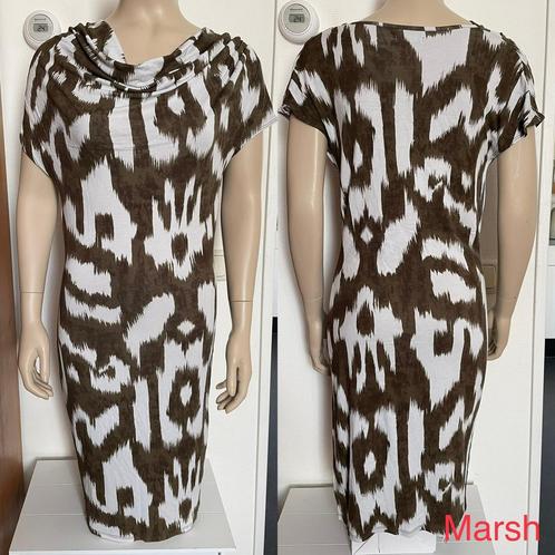 getailleerde jurk marsh wit bruin watervalhal jurkje 36 38, Kleding | Dames, Jurken, Zo goed als nieuw, Maat 36 (S), Bruin, Boven de knie